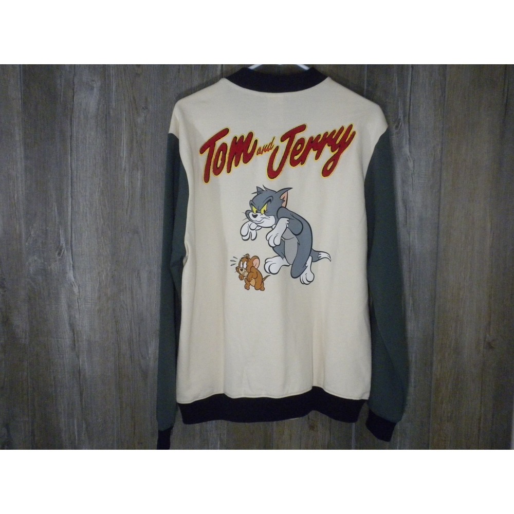 Tom and Jerry Jacket Mens M Beige Gray Snap Varsity Applique Cartoon Cat Mouse‎